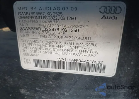 2010 Audi Q5 3.2 Premium z USA, uszkodzony, nr VIN WA1LKAFP0AA018862